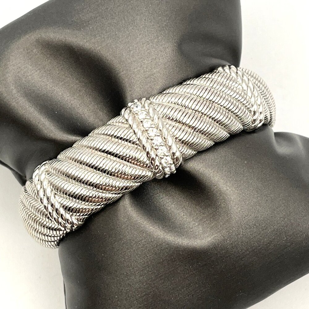 JUDITH RIPKA Sterling Silver CZ  3/4” Wide Cable Hinged Cuff Bracelet 75g